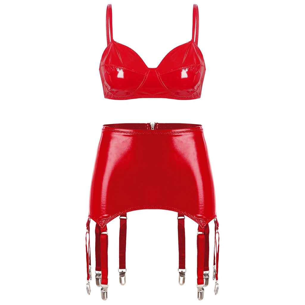 Womens Miniskirt Sexy Lingerie Set No Pad Crop Top Faux Leather Nightwear Vest