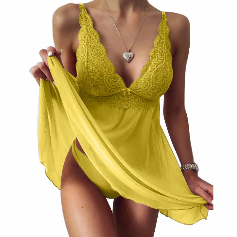 Women Lace Sleepwear Strap Floral Panties Lingerie Pajamas V Neck Babydoll Dress