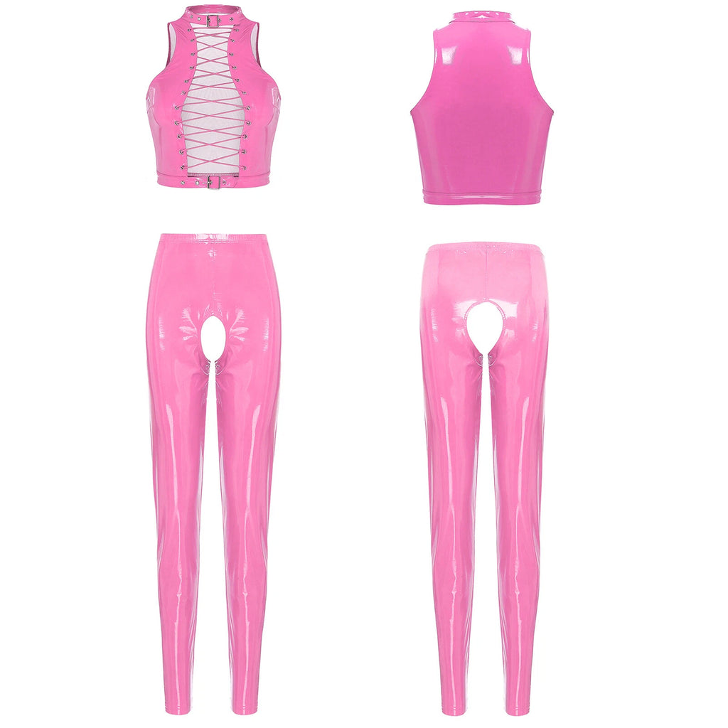 Womens Lingerie Set Crotchless Clubwear Patent Leather Catsuit Wirefree Costume