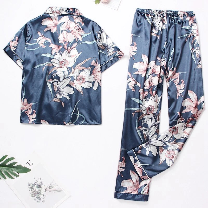 Womens Ladies Satin Nightwear Pyjamas 2Pcs Set Silk PJS Long Sleeve Sleepwear