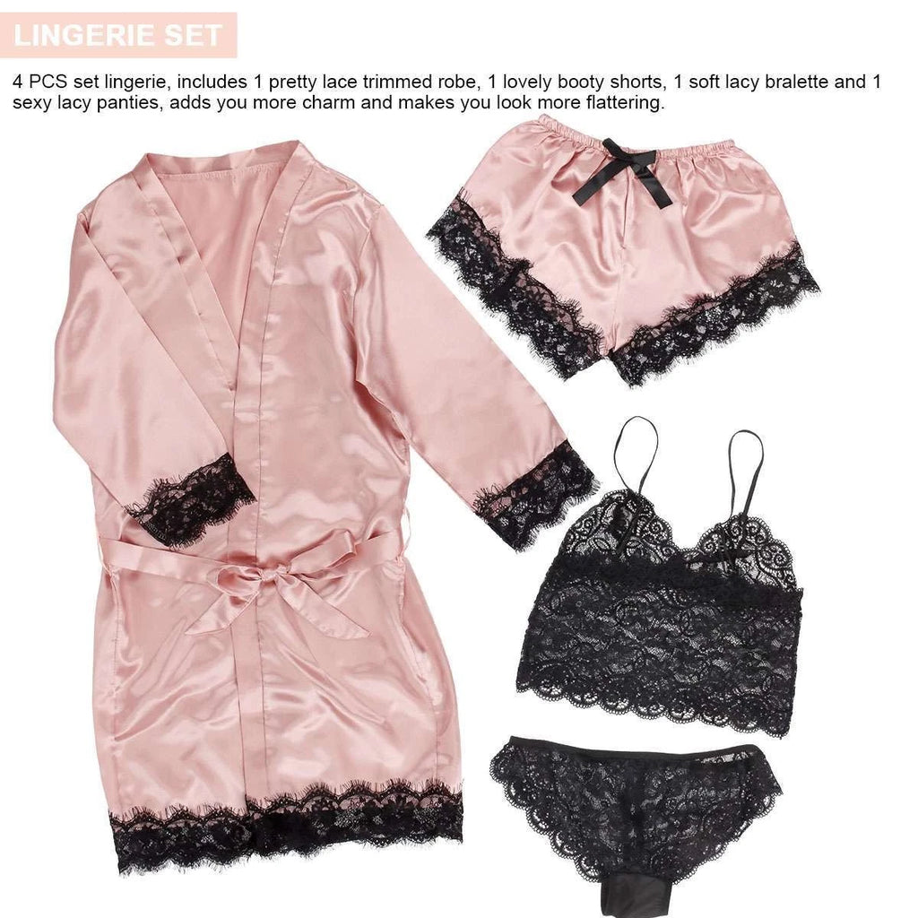 4pcs/set Sexy Women Lingerie Silk Lace Underwear Sleepwear Night Topcoat Pajamas