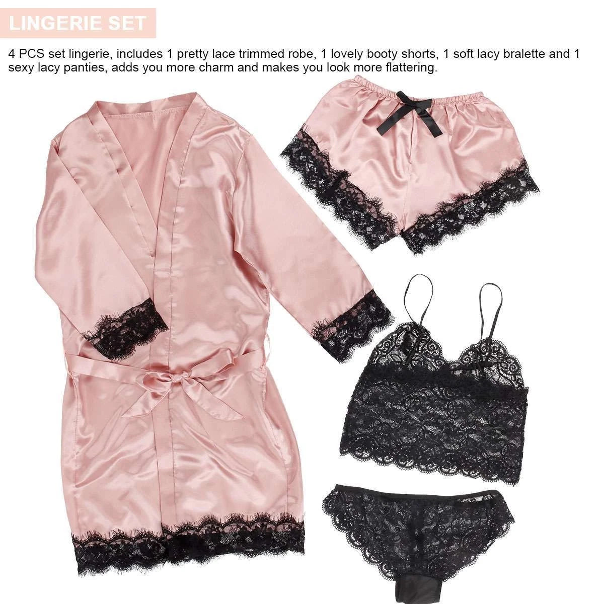 4pcs/set Sexy Women Lingerie Silk Lace Underwear Sleepwear Night Topcoat Pajamas