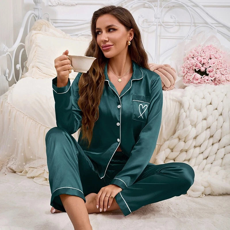 Womens Ladies Satin Nightwear Pyjamas 2Pcs Set Silk PJS Long Sleeve Sleepwear