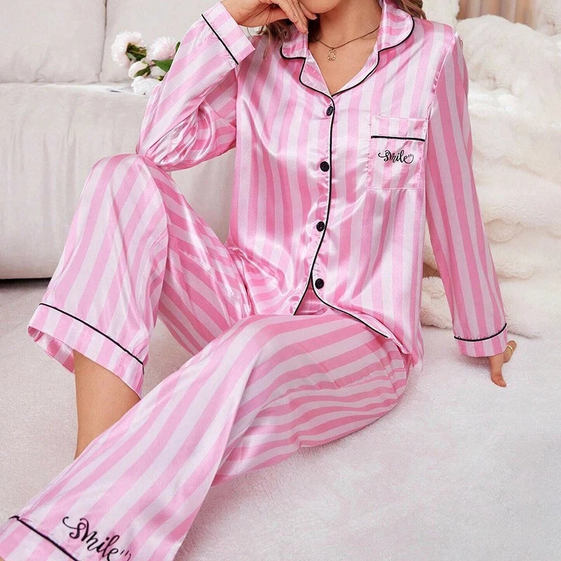 Womens Ladies Satin Nightwear Pyjamas 2Pcs Set Silk PJS Long Sleeve Sleepwear