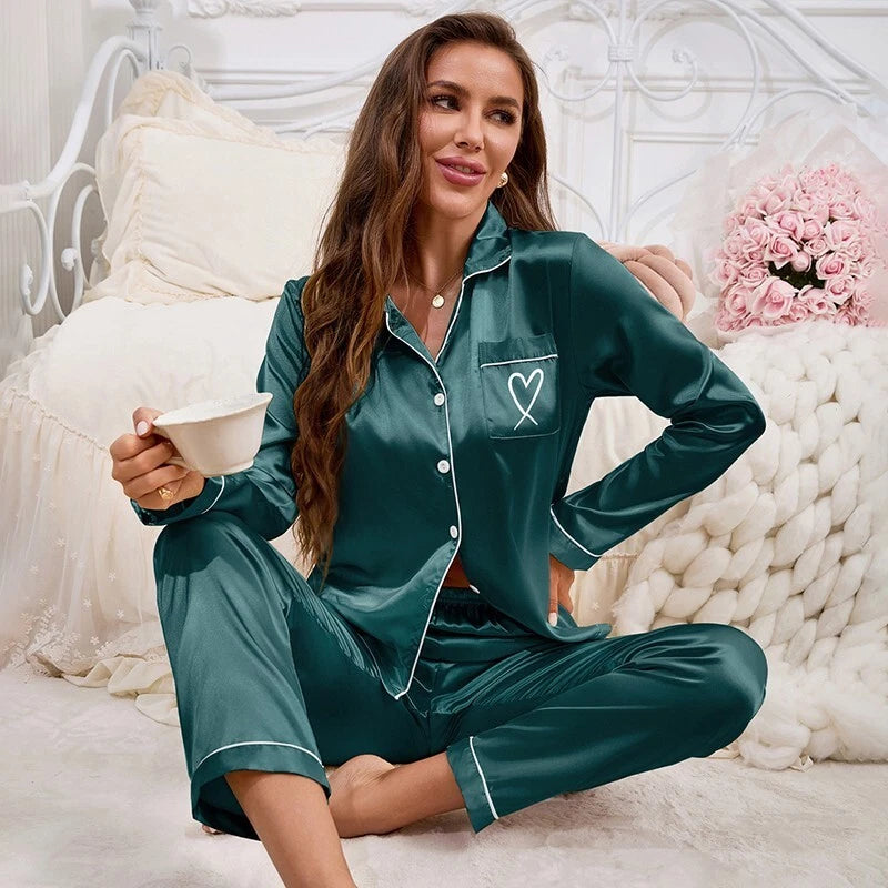 Womens Ladies Satin Nightwear Pyjamas 2Pcs Set Silk PJS Long Sleeve Sleepwear