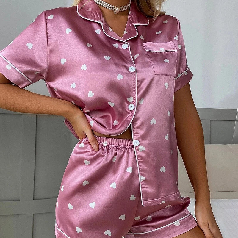 Womens Printed SATIN Short Sleeve Top Pyjamas Set Button Up Ladies Shorts PJ Set