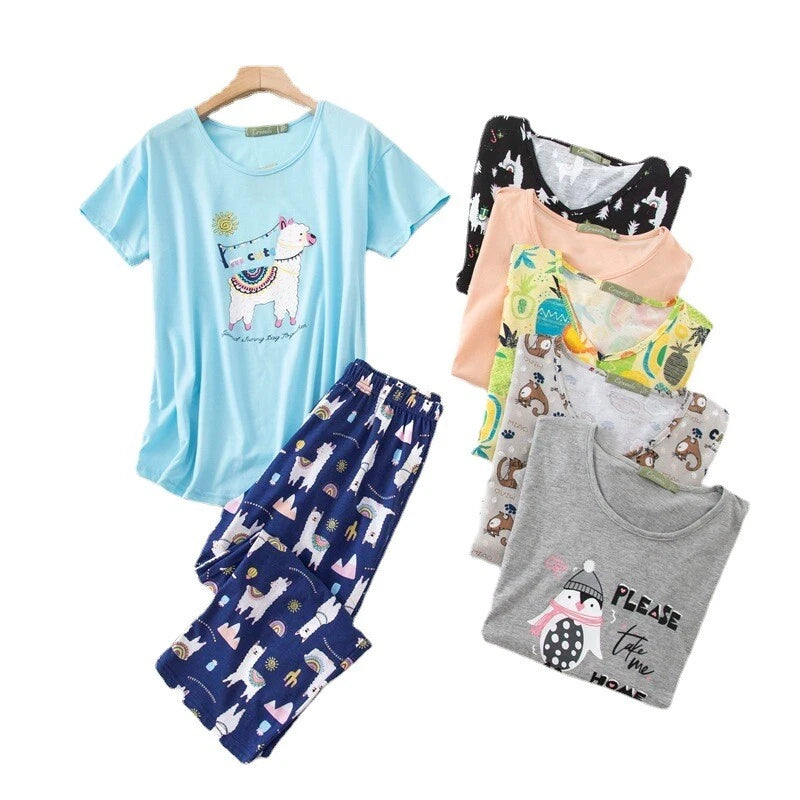 Womens Capri Set Sleepwear Soft Pajamas Sleep Nightshirts Print Comfy Pyjama Set