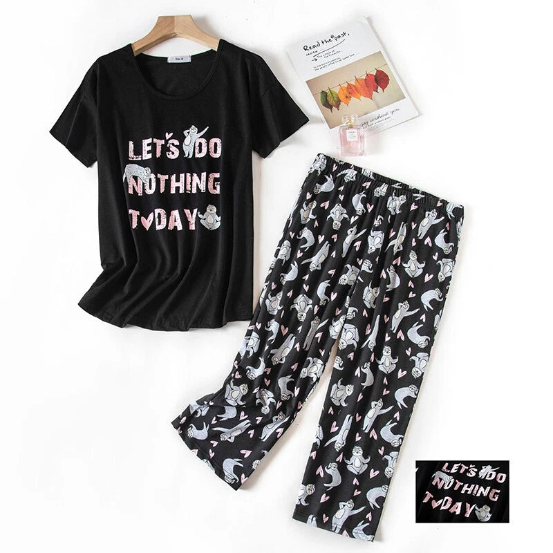 Womens Capri Set Sleepwear Soft Pajamas Sleep Nightshirts Print Comfy Pyjama Set