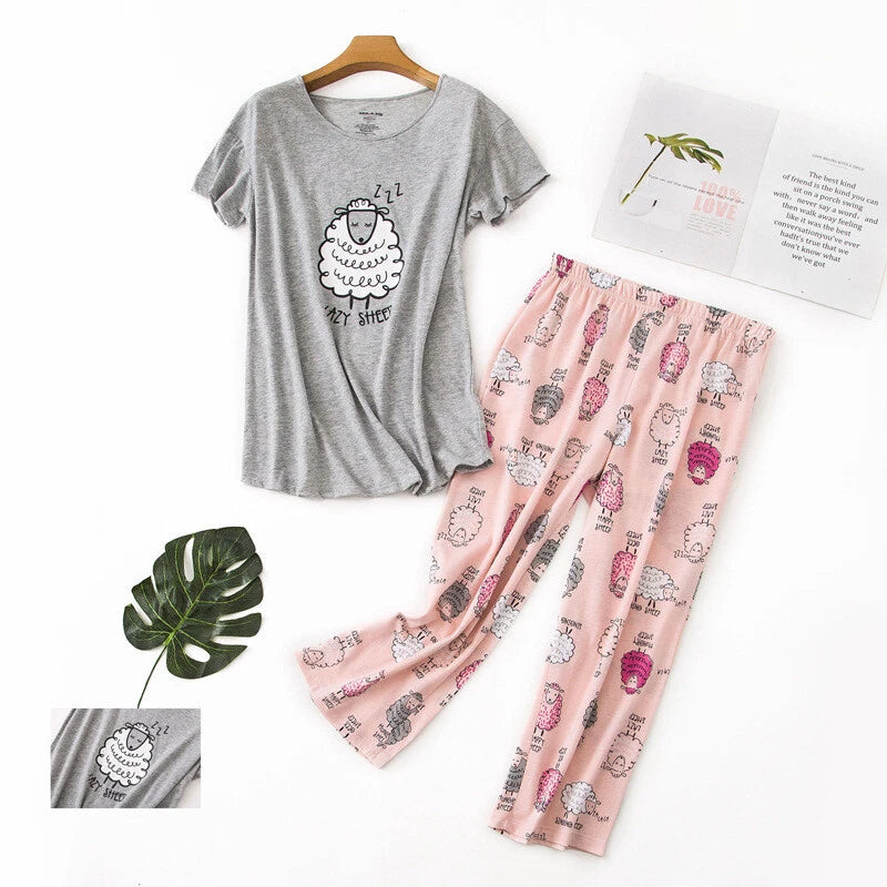 Womens Capri Set Sleepwear Soft Pajamas Sleep Nightshirts Print Comfy Pyjama Set