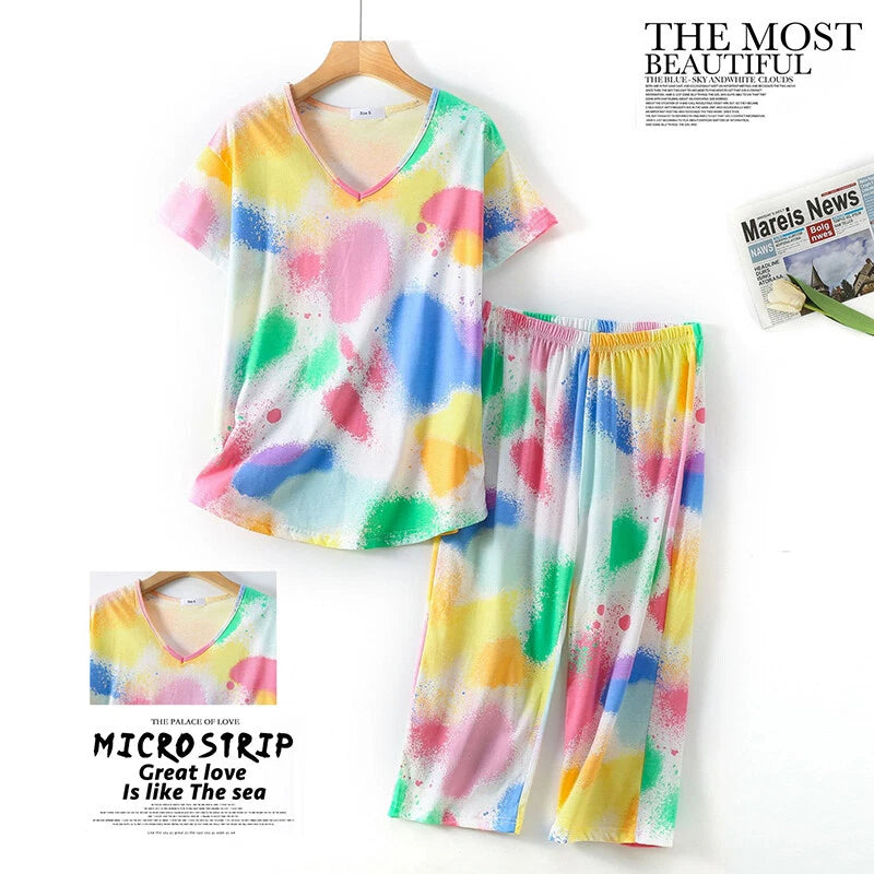 Womens Capri Set Sleepwear Soft Pajamas Sleep Nightshirts Print Comfy Pyjama Set