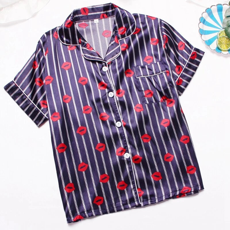 Womens Printed SATIN Short Sleeve Top Pyjamas Set Button Up Ladies Shorts PJ Set