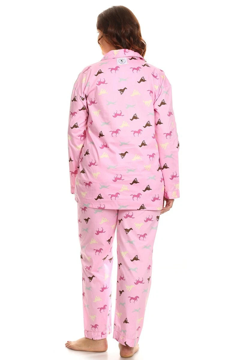 PB COUTURE Women Pink Horses Pajamas 100% Cotton Poplin