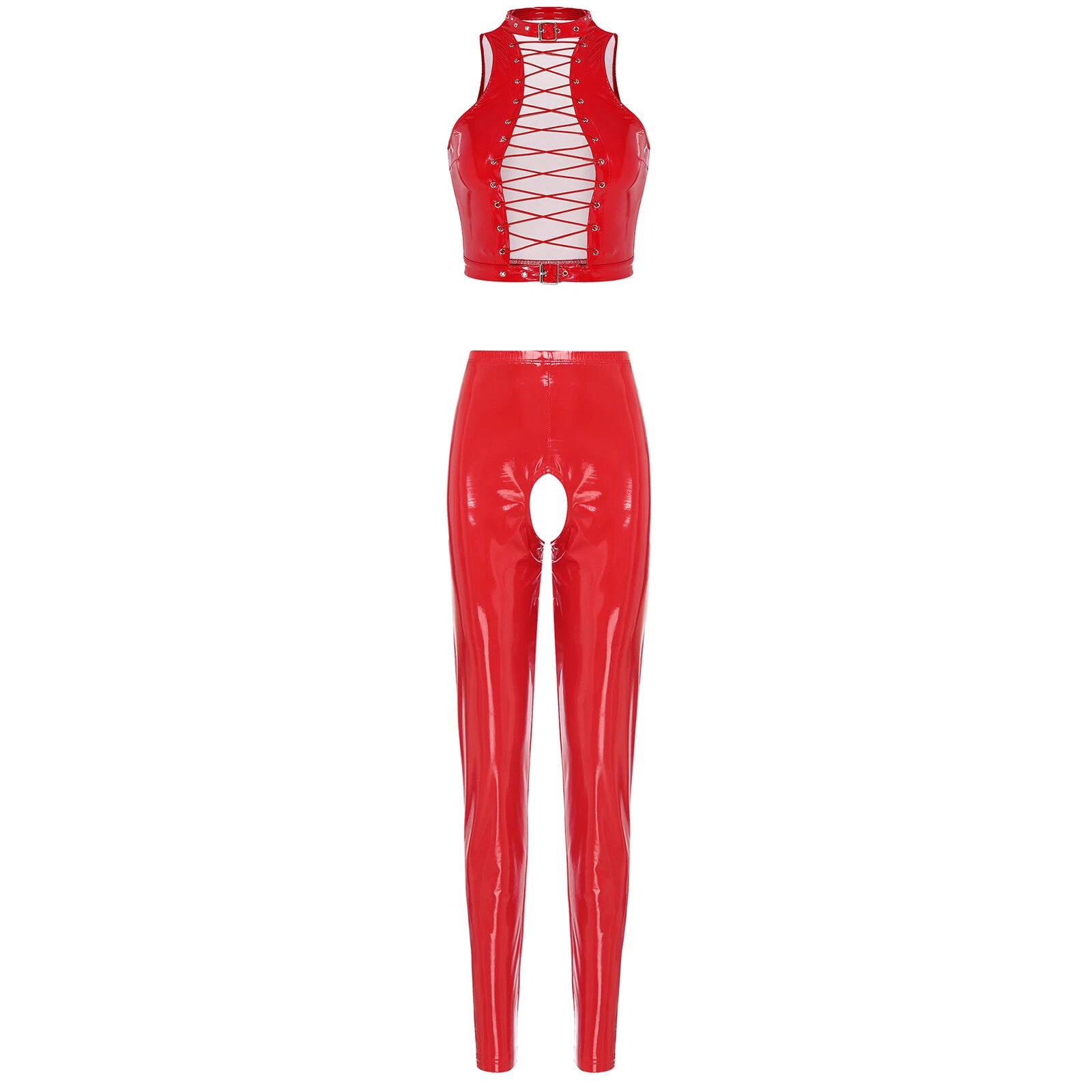 Womens Lingerie Set Crotchless Clubwear Patent Leather Catsuit Wirefree Costume