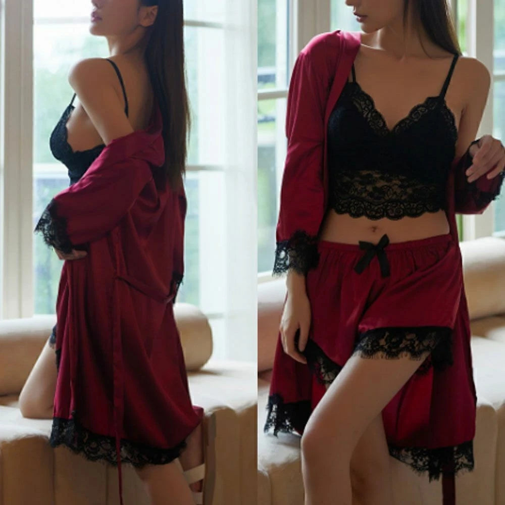 4pcs/set Sexy Women Lingerie Silk Lace Underwear Sleepwear Night Topcoat Pajamas