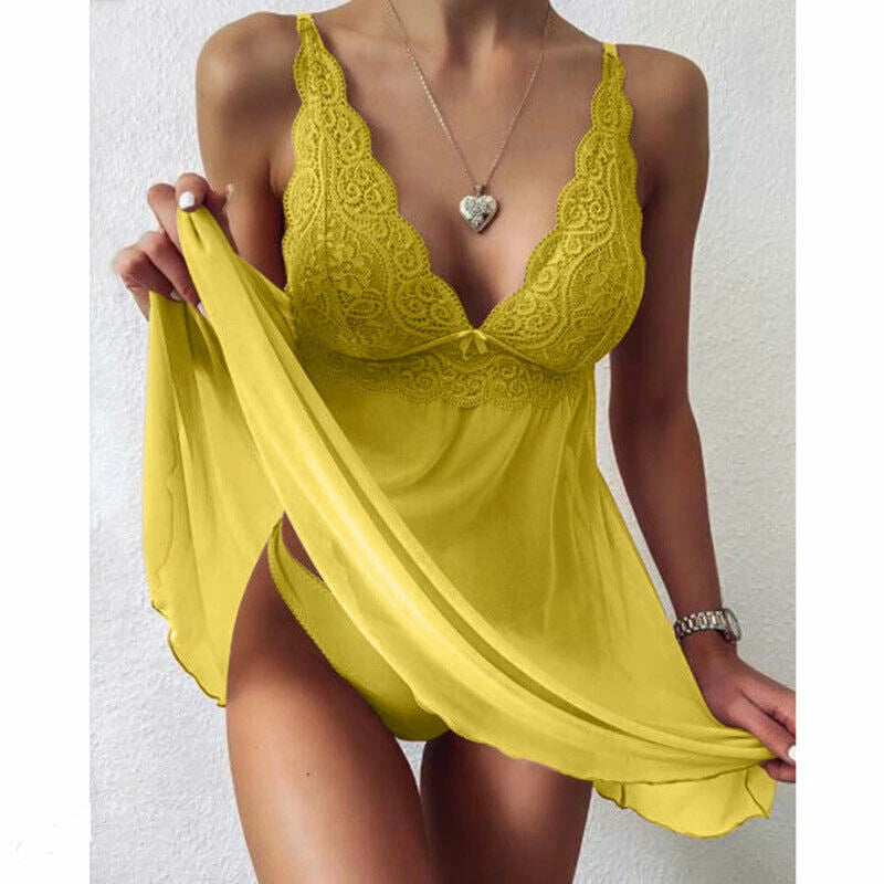 Women Lace Sleepwear Strap Floral Panties Lingerie Pajamas V Neck Babydoll Dress