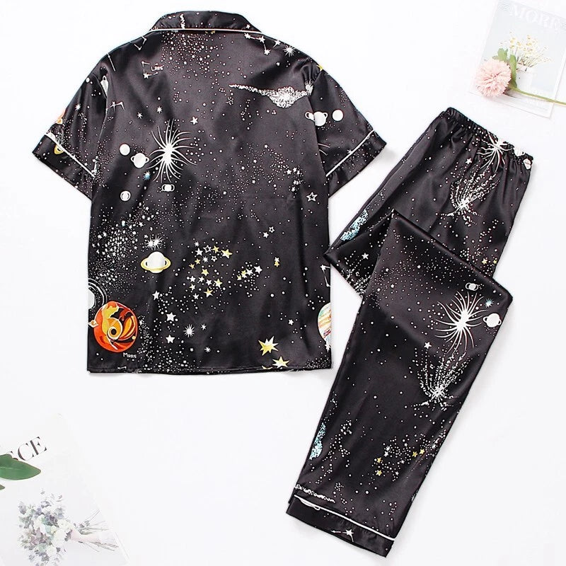 Womens Ladies Satin Nightwear Pyjamas 2Pcs Set Silk PJS Long Sleeve Sleepwear