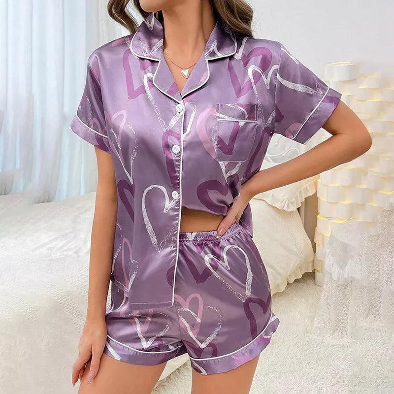 Womens Printed SATIN Short Sleeve Top Pyjamas Set Button Up Ladies Shorts PJ Set