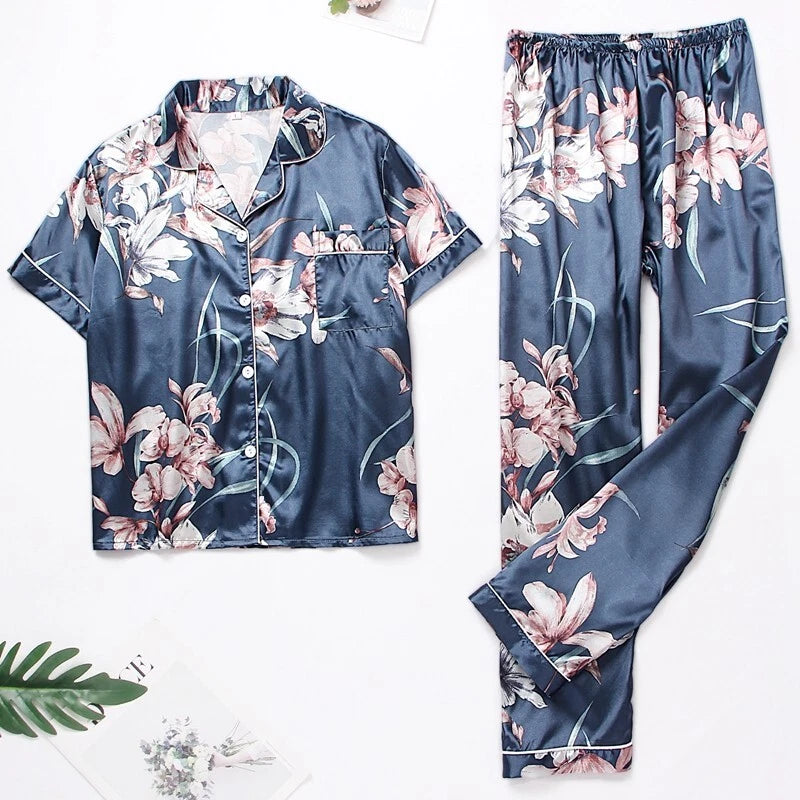 Womens Ladies Satin Nightwear Pyjamas 2Pcs Set Silk PJS Long Sleeve Sleepwear