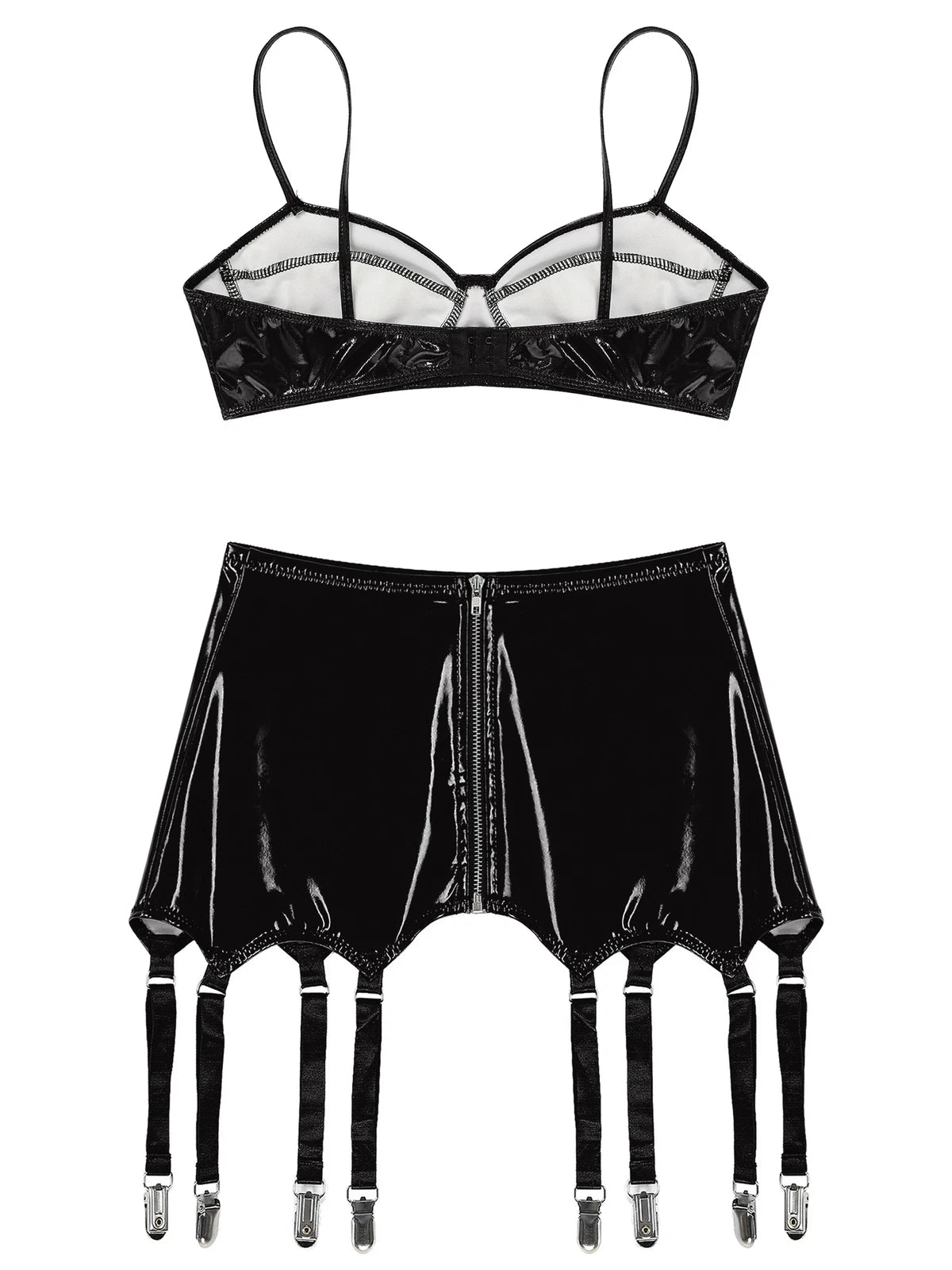 Womens Miniskirt Sexy Lingerie Set No Pad Crop Top Faux Leather Nightwear Vest