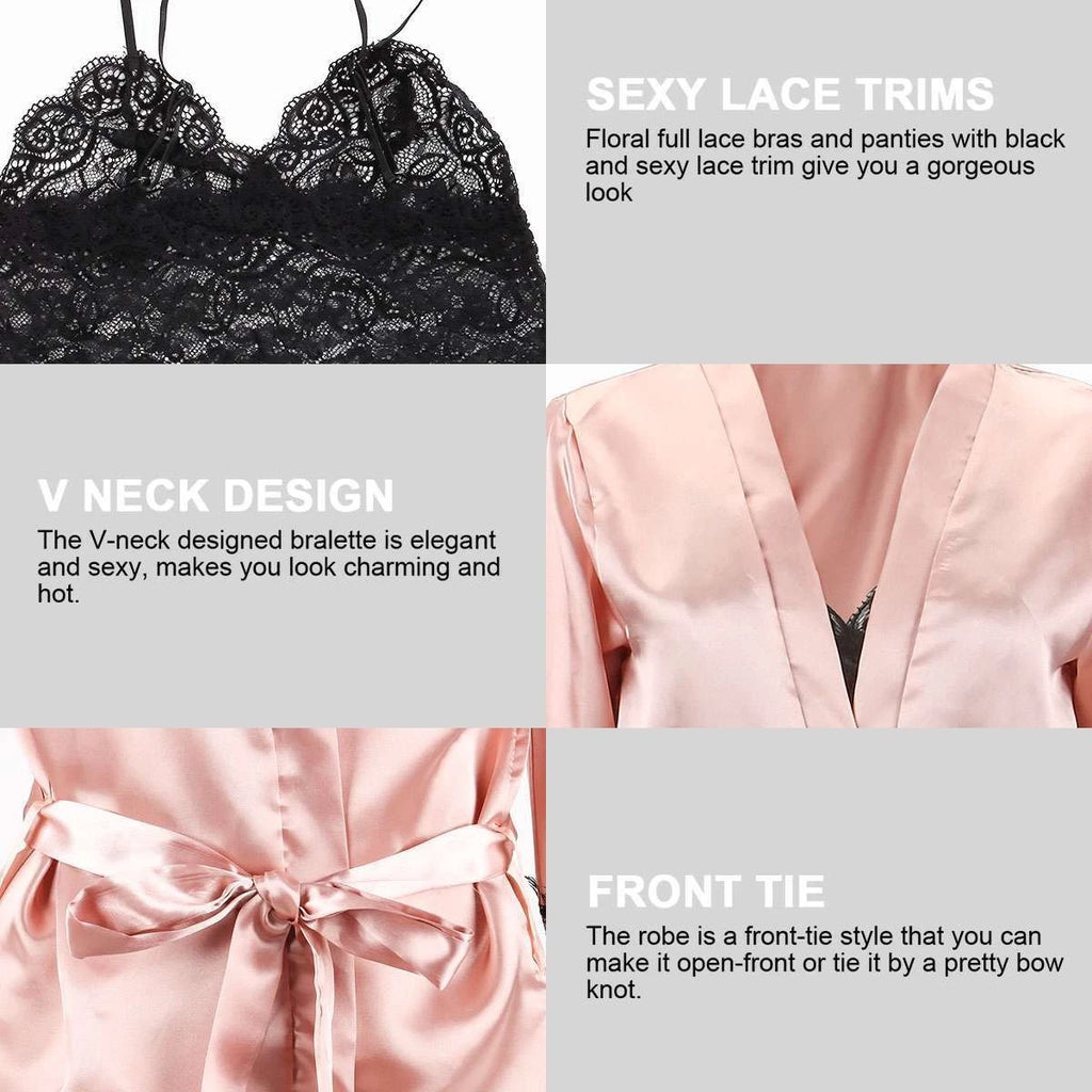 4pcs/set Sexy Women Lingerie Silk Lace Underwear Sleepwear Night Topcoat Pajamas