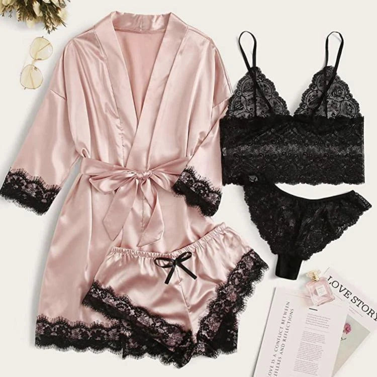S-3XL Four-Piece Womens Ladies Pajamas Sexy Home Wear Set Lace Sling Underwear