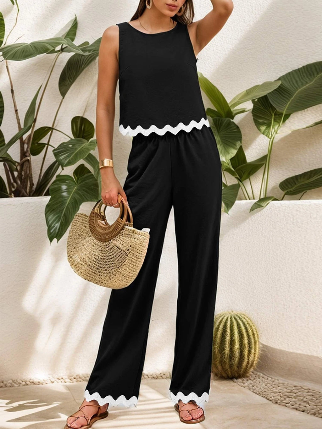 Womens Summer 2 Piece Outfits Sleeveless Tank Top Wide Leg Pants Sets Tracksuit