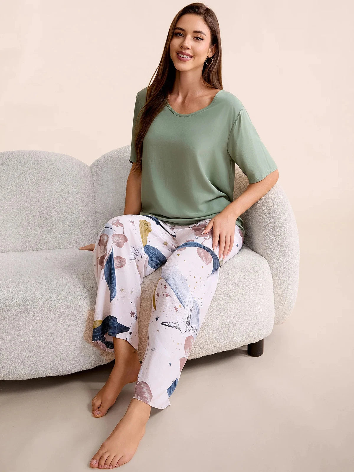Plus Size S-6XL Viscose Women Pajamas Set Pants Floral Print Casual Sleepwear