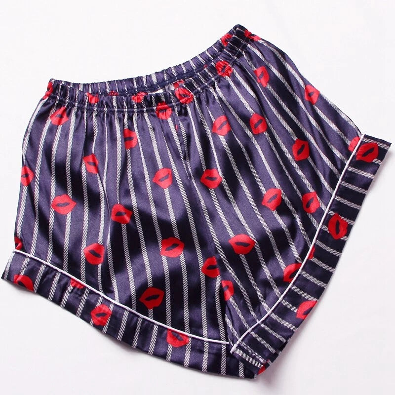 Womens Printed SATIN Short Sleeve Top Pyjamas Set Button Up Ladies Shorts PJ Set