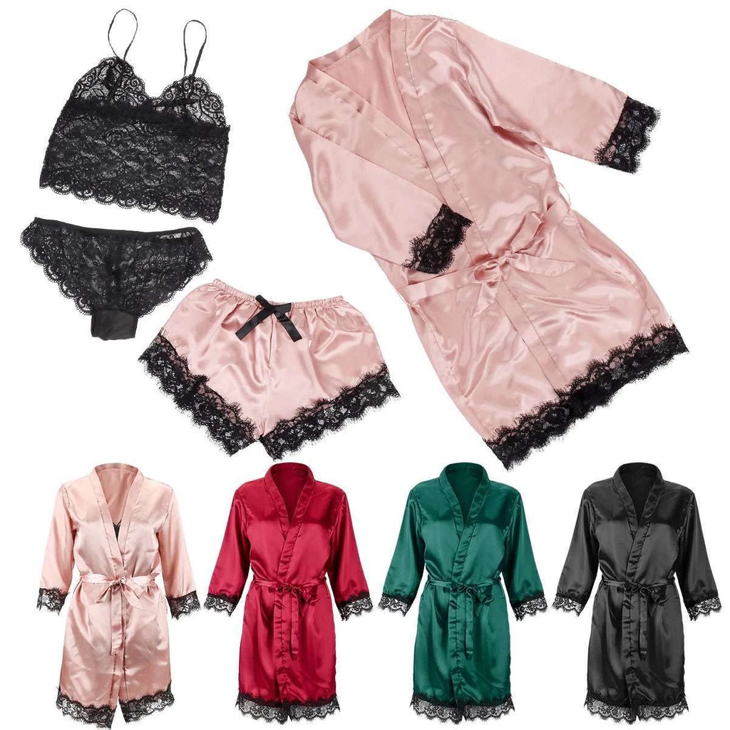 4pcs/set Sexy Women Lingerie Silk Lace Underwear Sleepwear Night Topcoat Pajamas