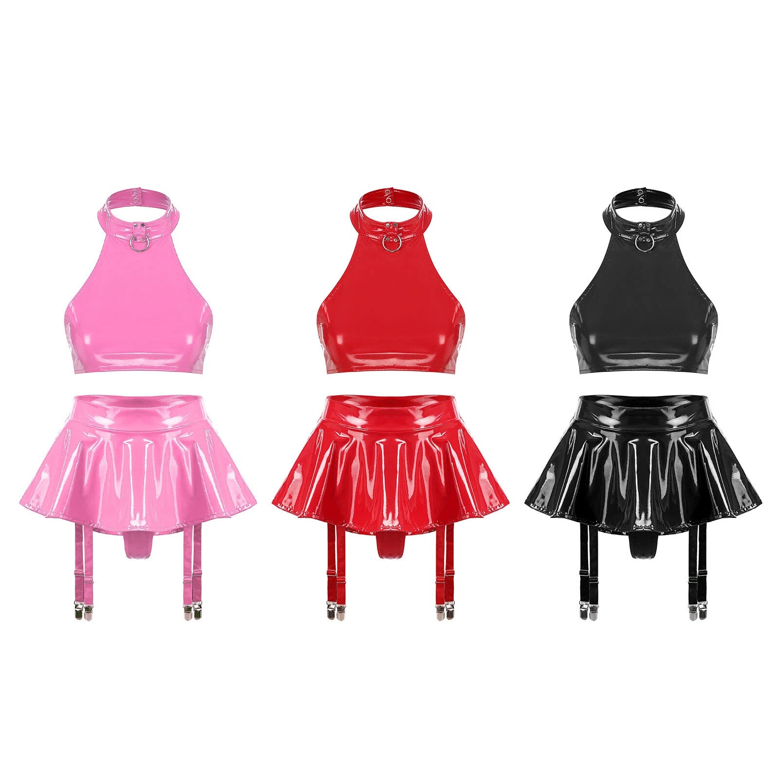 Womens Sexy PVC Leather Lingerie Set Shiny Backless Crop Tops Vest with Skirt