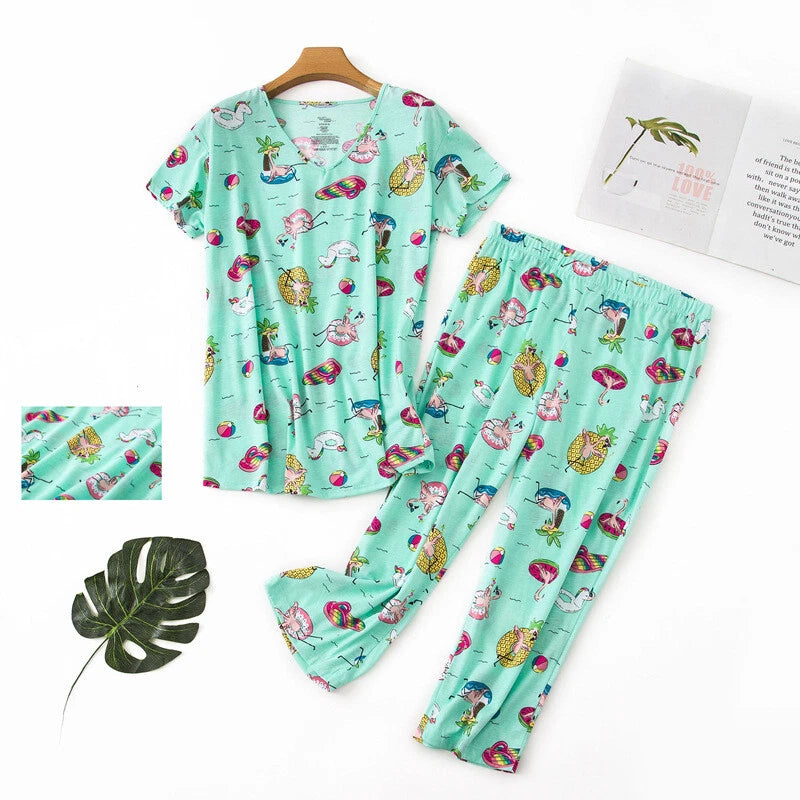 Womens Capri Set Sleepwear Pajamas Woman Sleep Nightshirt Home wear Nightwear Pj