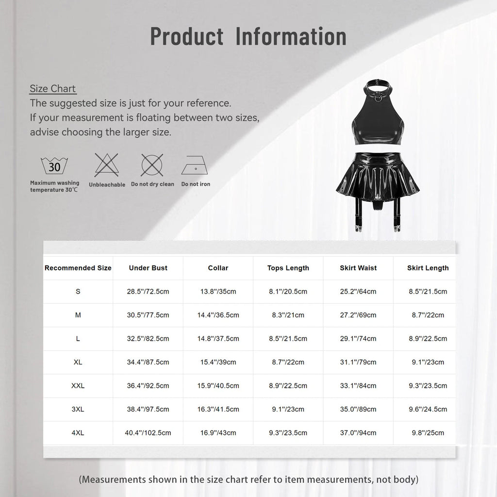 Womens Sexy PVC Leather Lingerie Set Shiny Backless Crop Tops Vest with Skirt