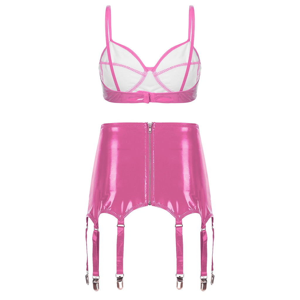 Womens Miniskirt Sexy Lingerie Set No Pad Crop Top Faux Leather Nightwear Vest