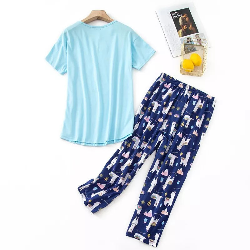 Womens Capri Set Sleepwear Soft Pajamas Sleep Nightshirts Print Comfy Pyjama Set