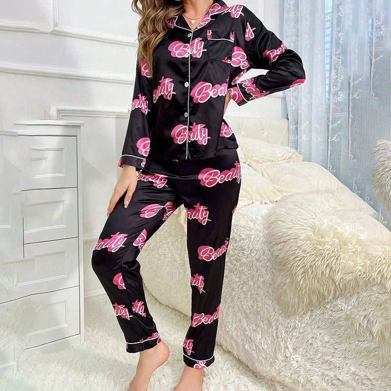Womens Ladies Satin Nightwear Pyjamas 2Pcs Set Silk PJS Long Sleeve Sleepwear