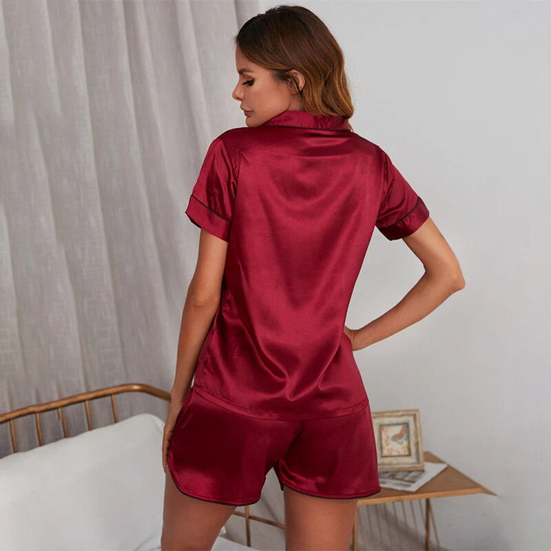 Womens Printed SATIN Short Sleeve Top Pyjamas Set Button Up Ladies Shorts PJ Set