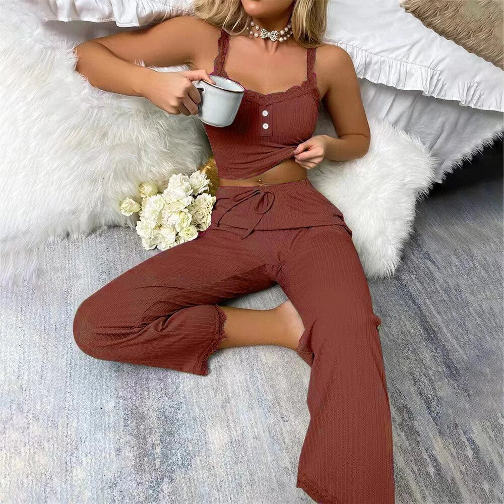 Women Sleepwear Pajamas Camisole Nightwear Leisure Vest Crop Tops Long Pants Set