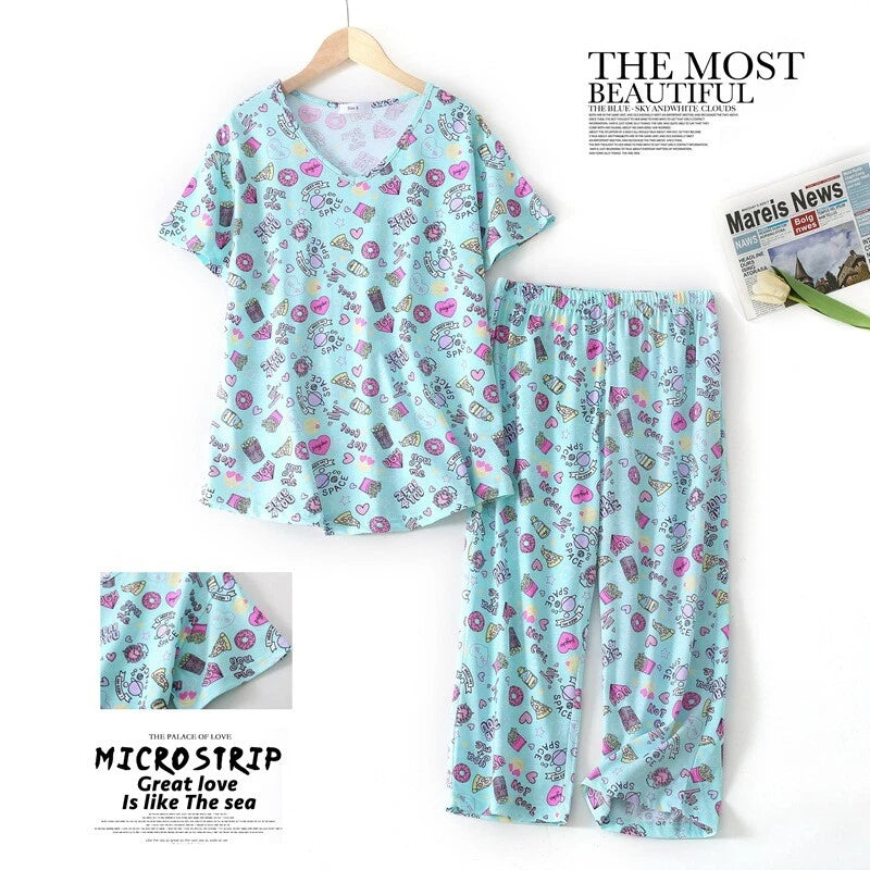 Womens Capri Set Sleepwear Soft Pajamas Sleep Nightshirts Print Comfy Pyjama Set