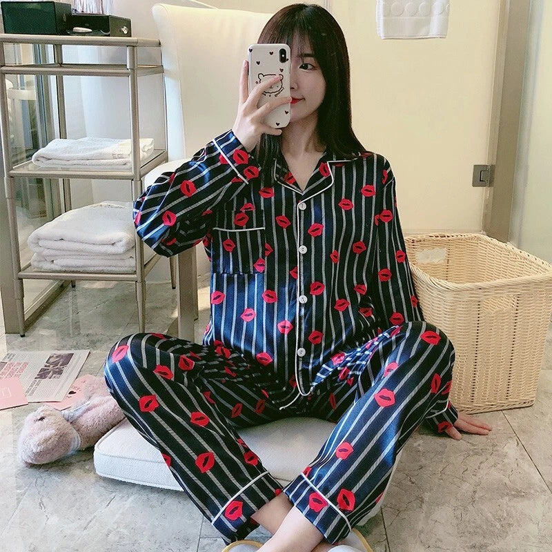 Womens Ladies Satin Nightwear Pyjamas 2Pcs Set Silk PJS Long Sleeve Sleepwear
