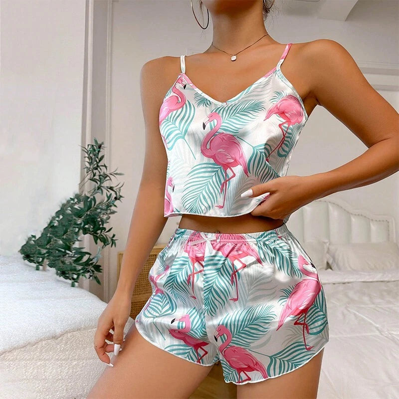 Ladies Women Satin Silk Pyjamas Set Lace Cami Vest Shorts Lingerie Sleepwear Pjs