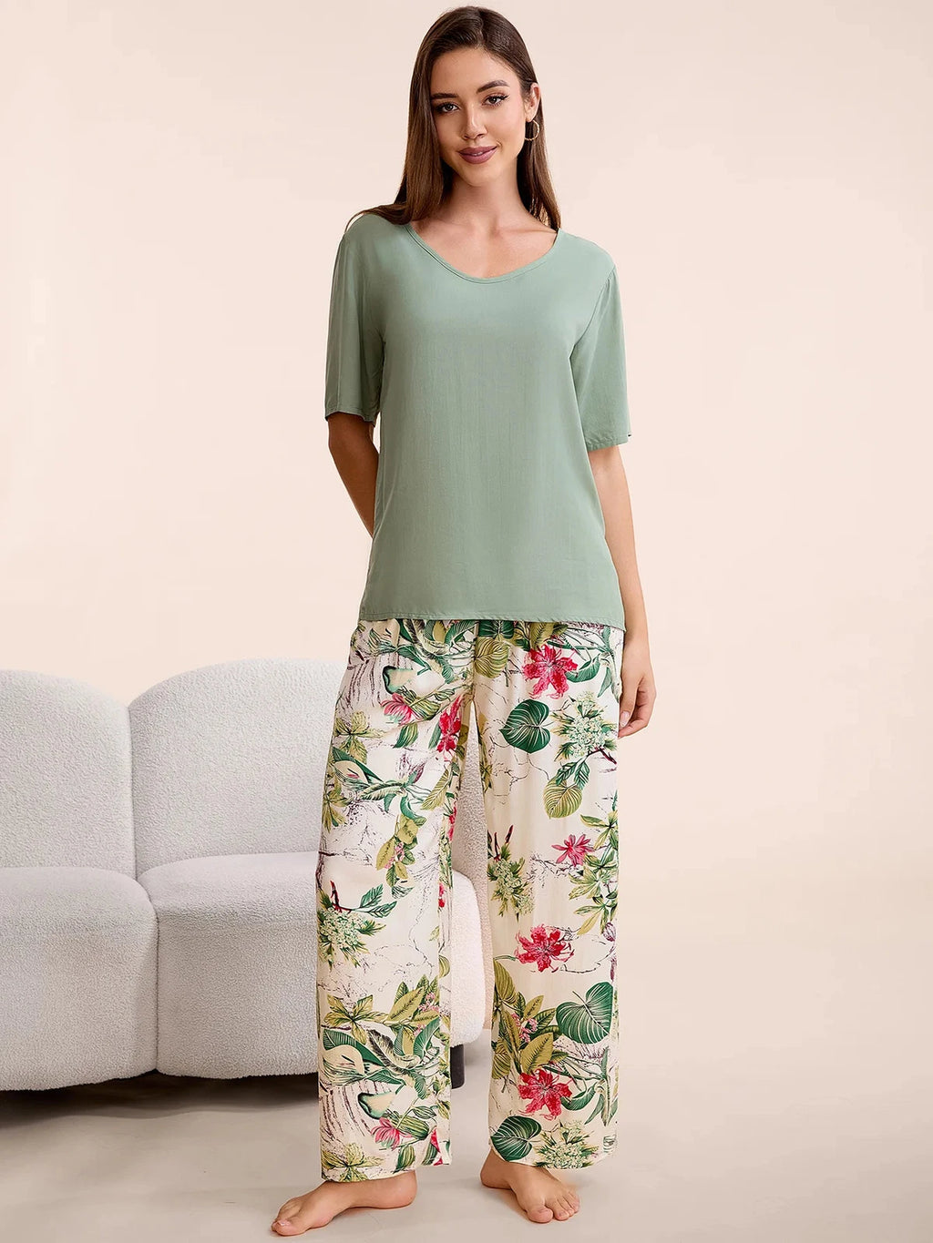 Plus Size S-6XL Viscose Women Pajamas Set Pants Floral Print Casual Sleepwear