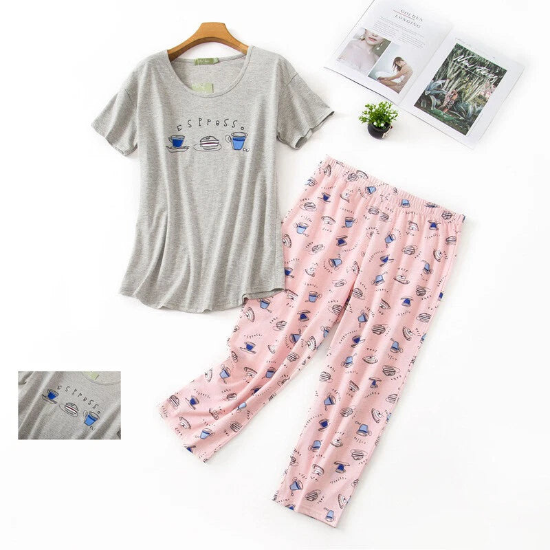 Womens Capri Set Sleepwear Soft Pajamas Sleep Nightshirts Print Comfy Pyjama Set