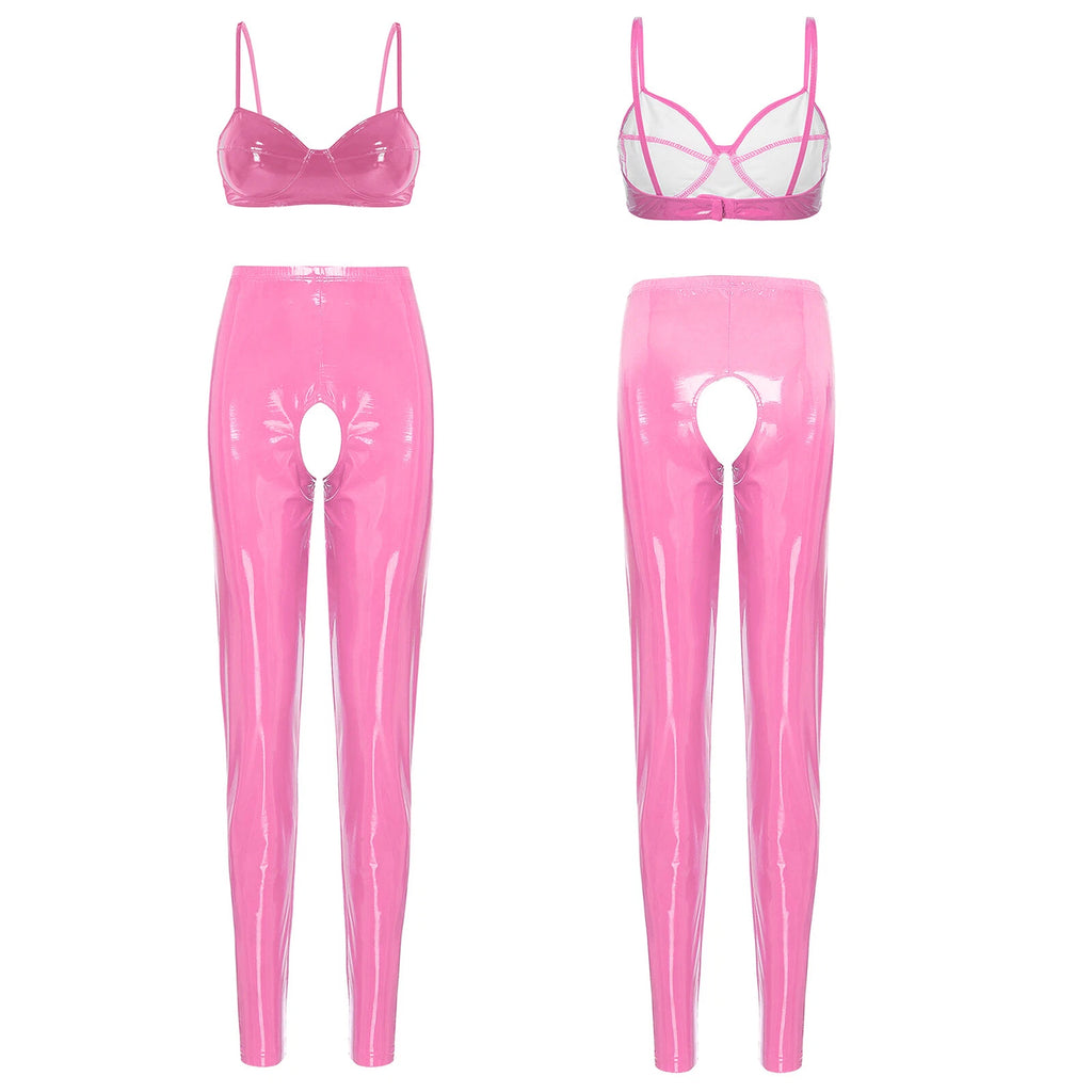 Womens Lingerie Set Crotchless Clubwear Patent Leather Catsuit Wirefree Costume