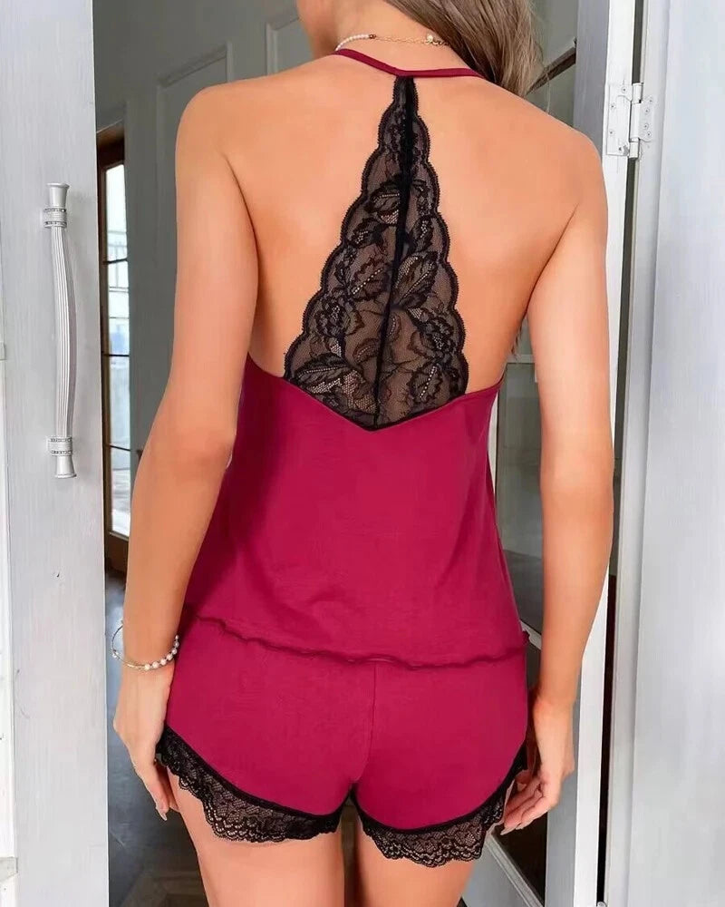 Women's Crochet Lace Pajamas Sleeveless V-Neck Set Daily Wear 2 Piece Sleepwear