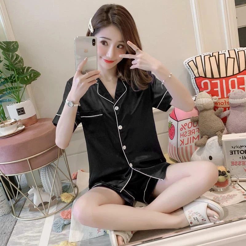 Womens Printed SATIN Short Sleeve Top Pyjamas Set Button Up Ladies Shorts PJ Set