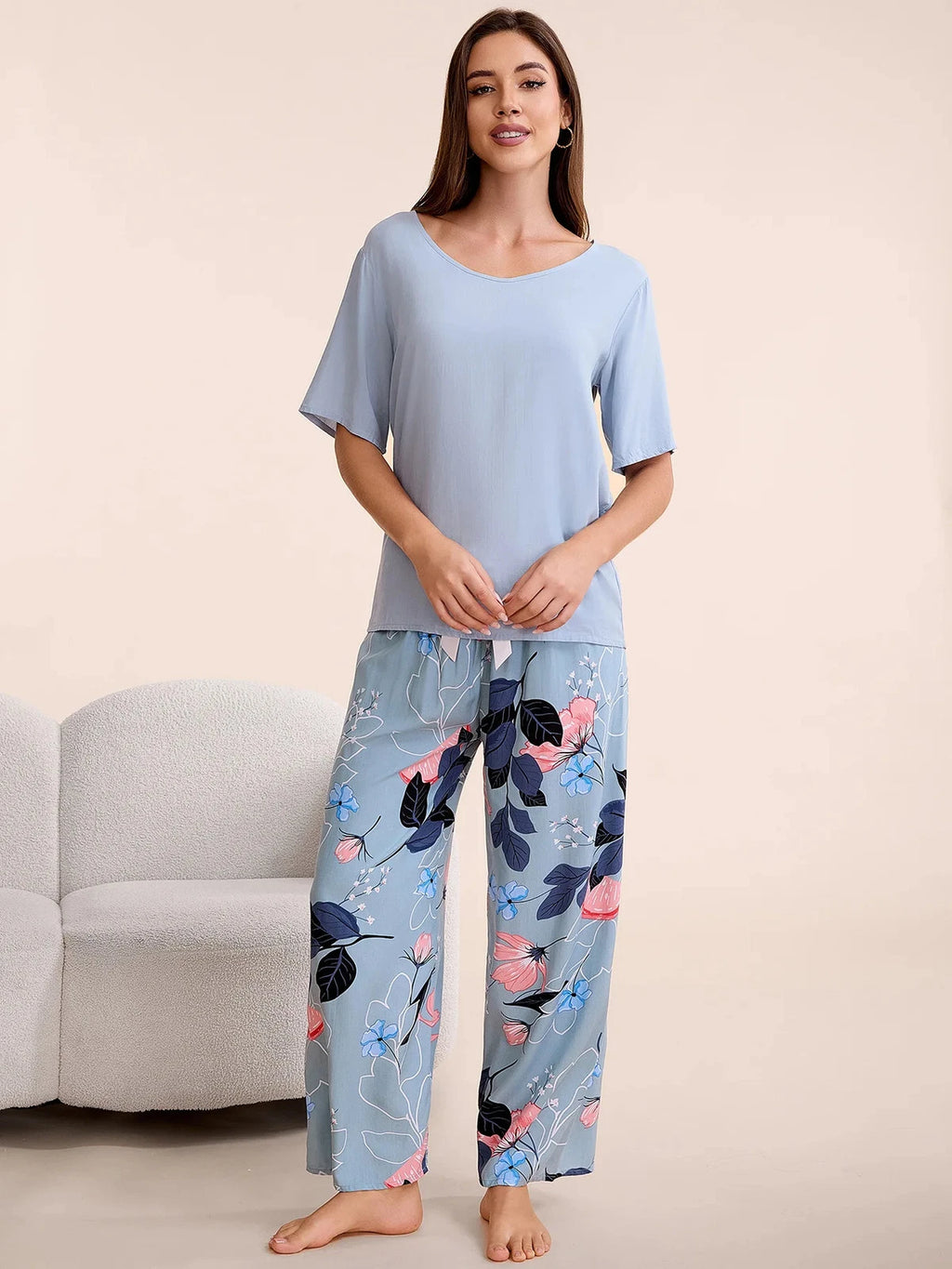 Plus Size S-6XL Viscose Women Pajamas Set Pants Floral Print Casual Sleepwear