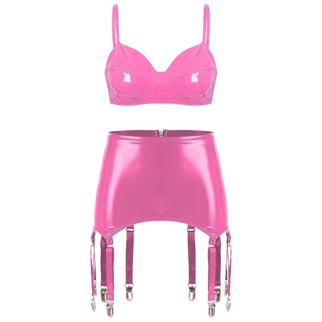 Womens Miniskirt Sexy Lingerie Set No Pad Crop Top Faux Leather Nightwear Vest