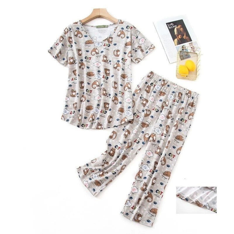 Womens Capri Set Sleepwear Soft Pajamas Sleep Nightshirts Print Comfy Pyjama Set