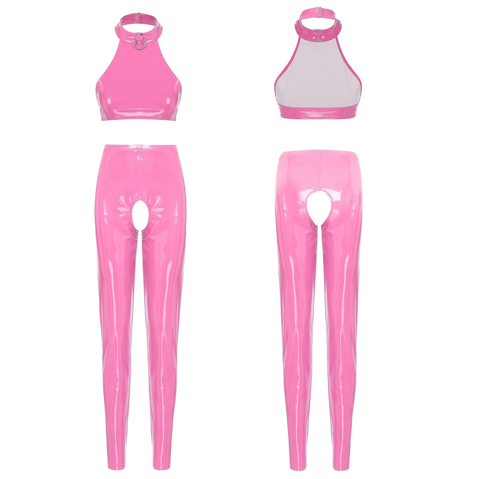 Womens Lingerie Set Crotchless Clubwear Patent Leather Catsuit Wirefree Costume