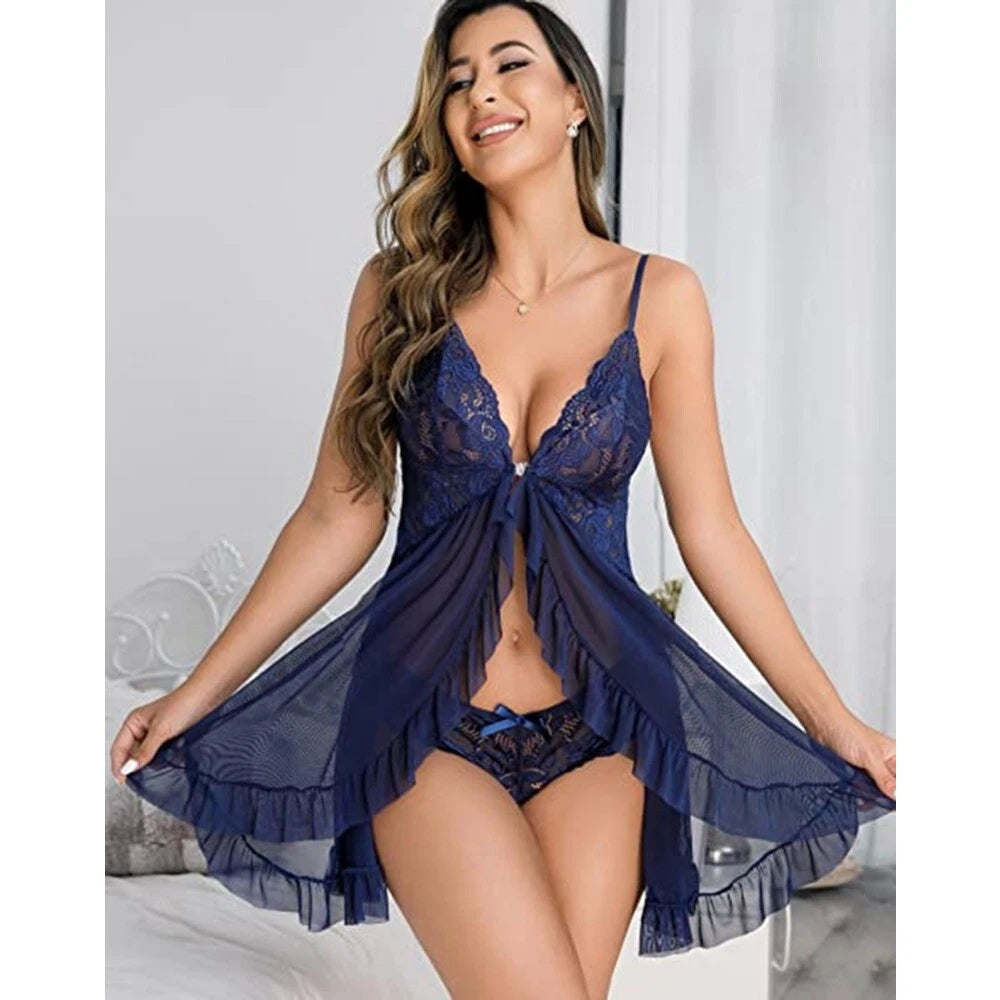 Women Lace Babydoll Lingerie Sexy Chemise G-string Set Nightie Bridal Nightdress